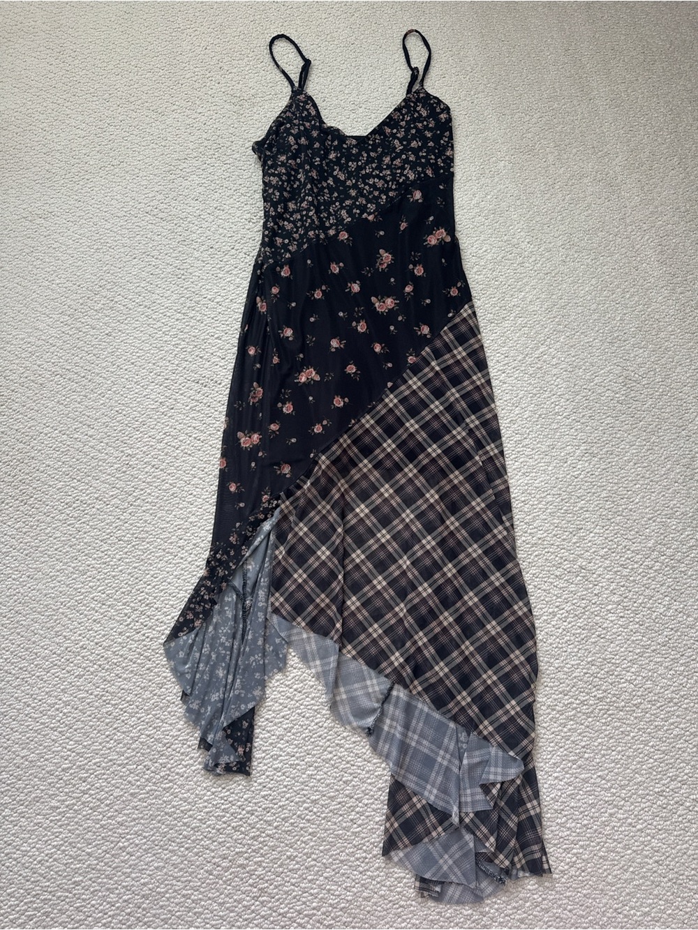 No Boundaries Black Floral & Plaid Asymmetrical Slip Dress